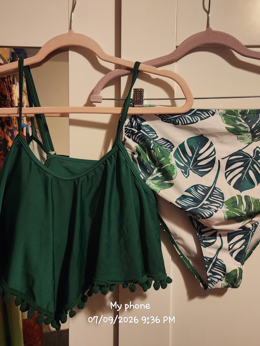 Amazon Essentials Green Flounce Bikini Top with Leaf-Print High-Waist Bottom